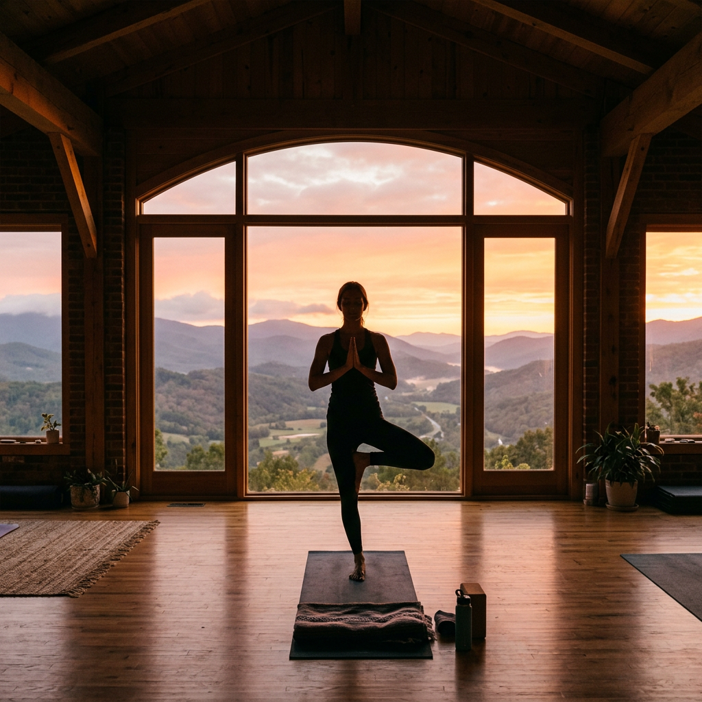 Person doing tree pose yoga in front of large window with sunset and mountains view